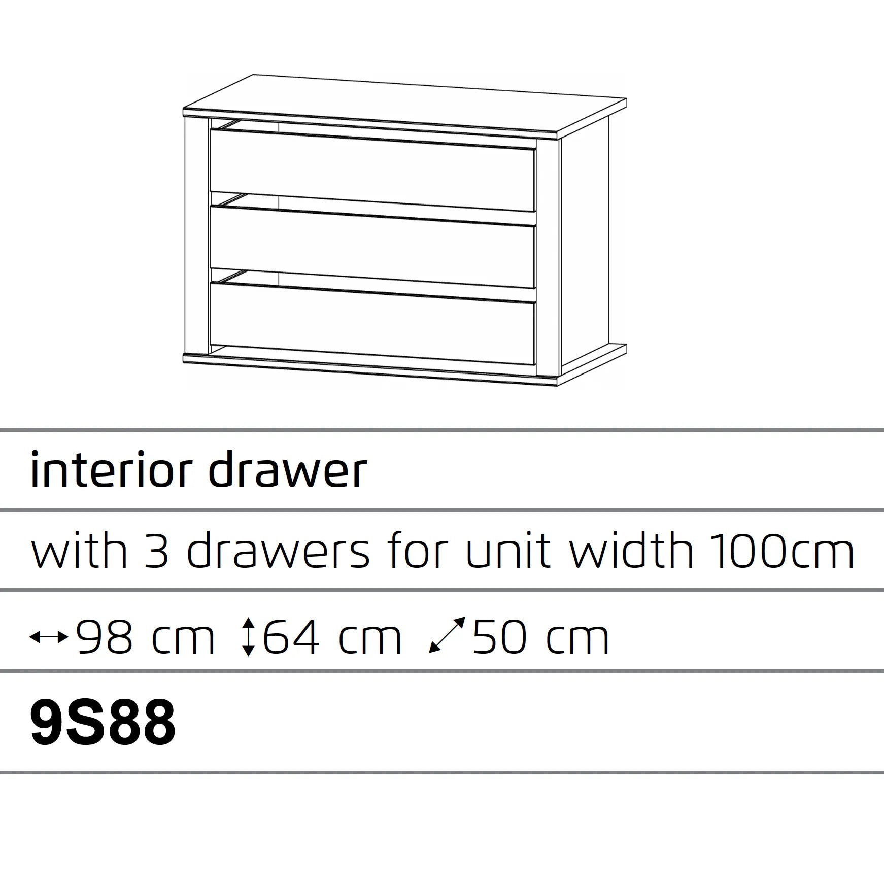 Interior 3 Drawer For Wardrobes - Orange Plus - Dimensions