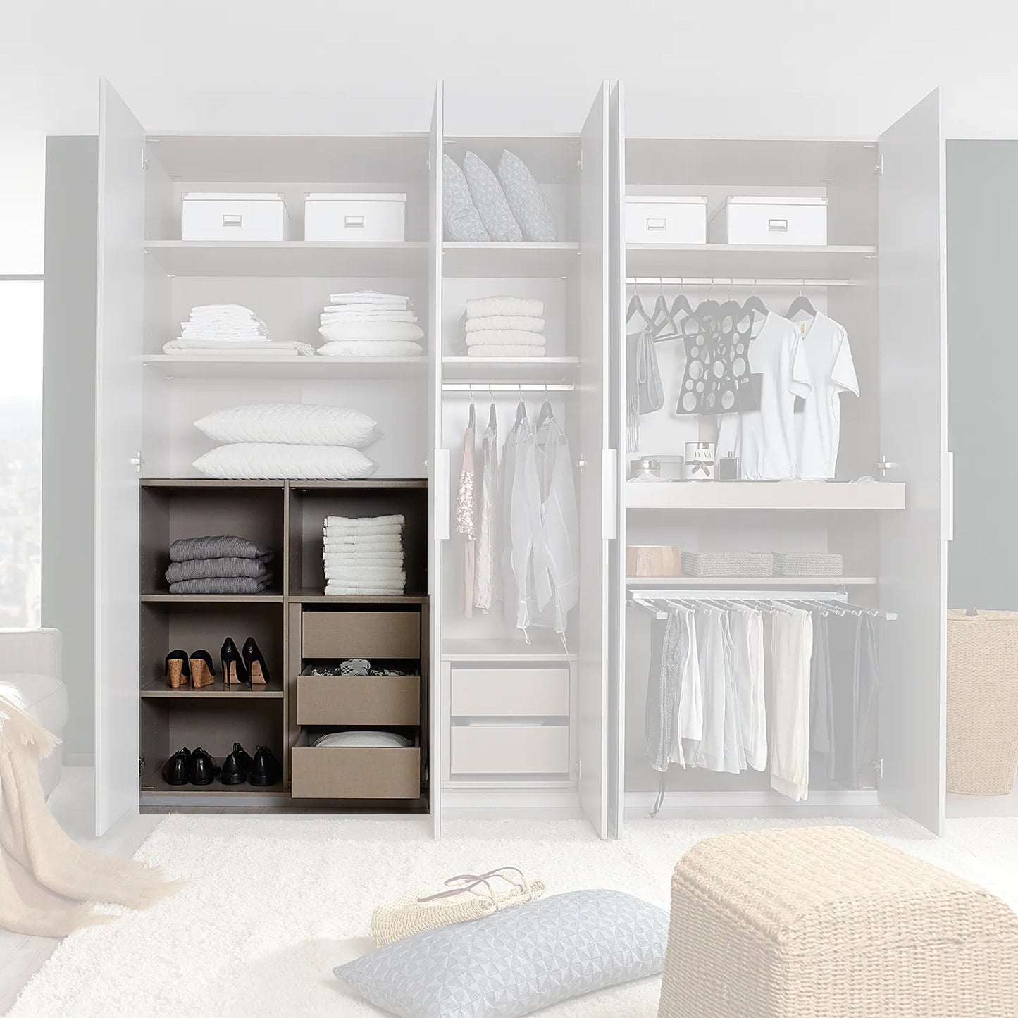 Interior Drawer With Shelves - Extras Black - Close View Styled in a Living Room