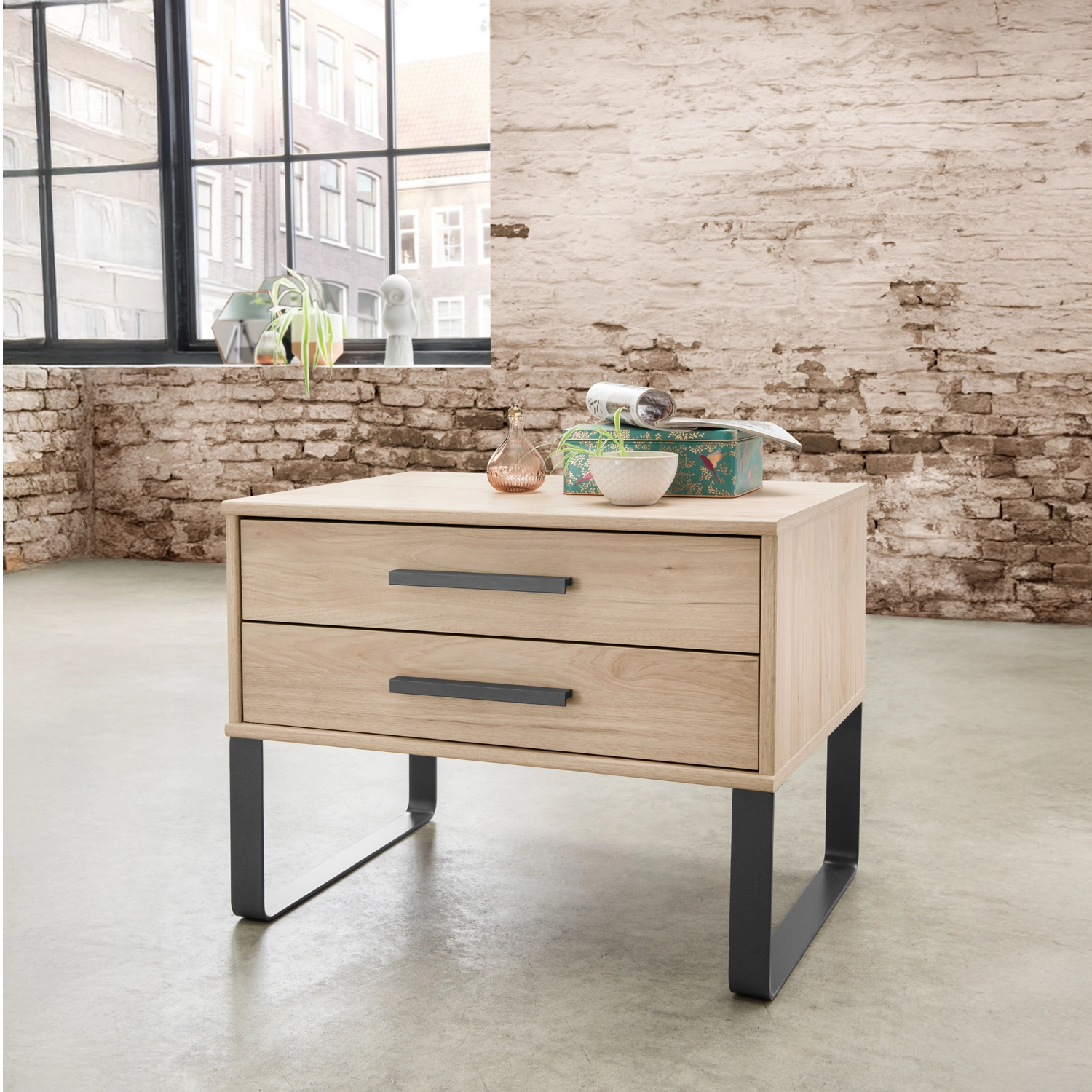 Johnson 2 Drawer Bedside Cabinet with Angled Feet - Styled in Bedroom