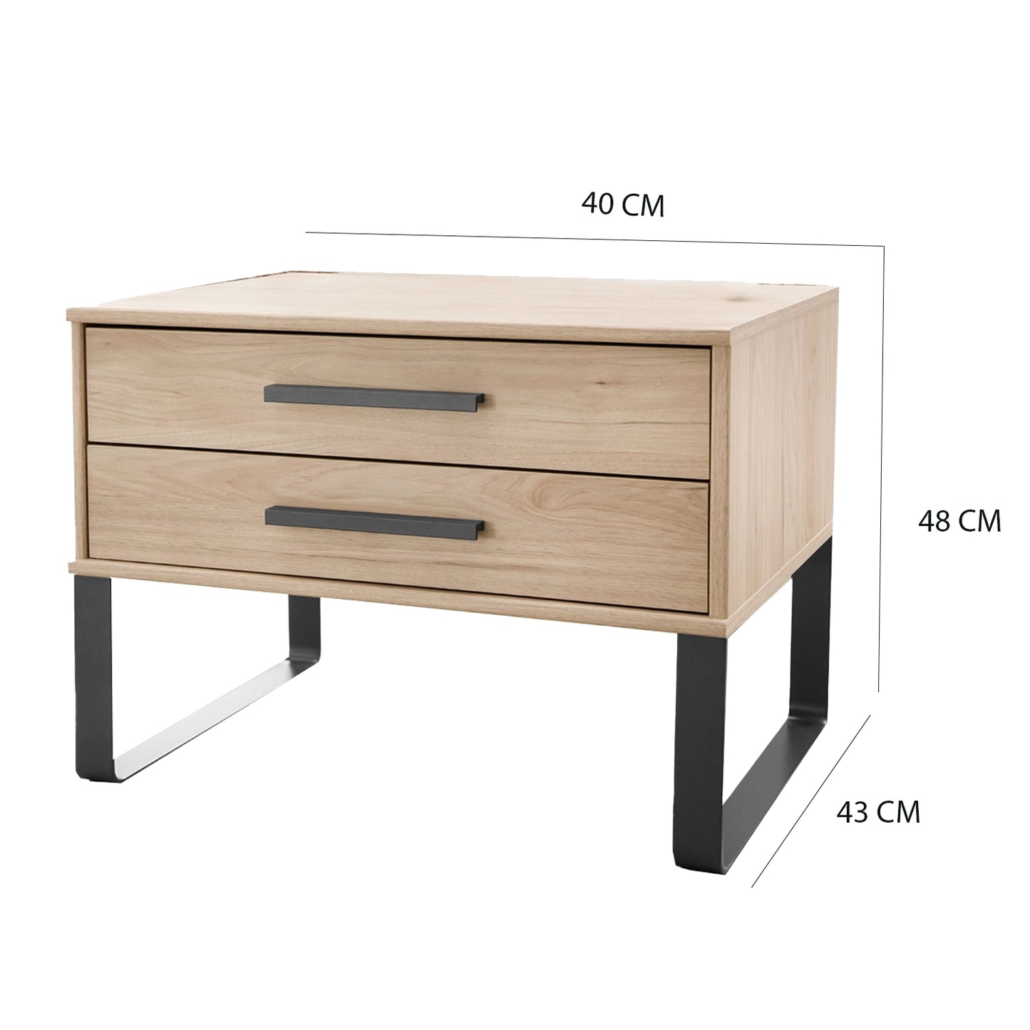 Johnson 2 Drawer Bedside Cabinet with Angled Feet - Dimensions