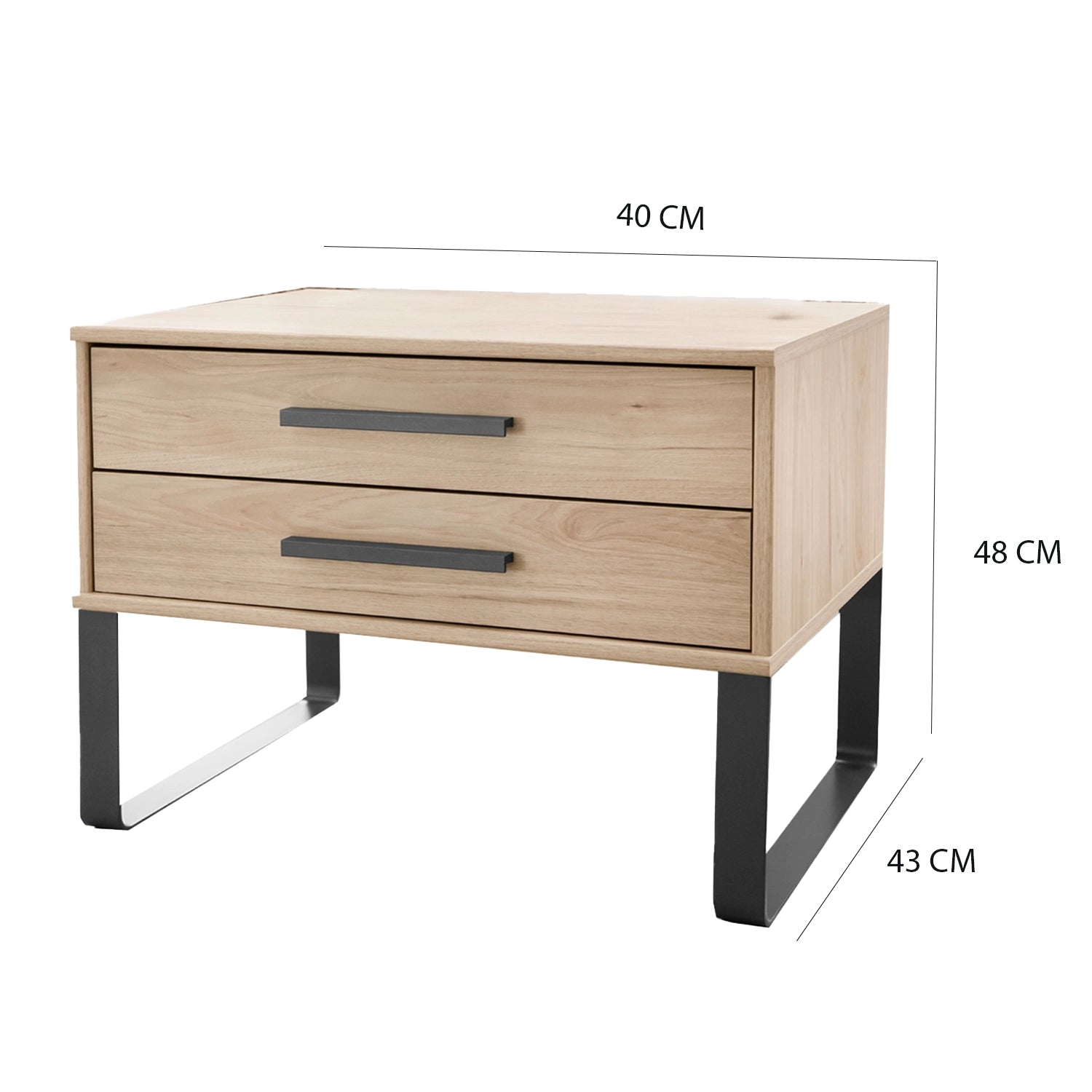 Johnson 2 Drawer Bedside Cabinet with Angled Feet - Dimensions
