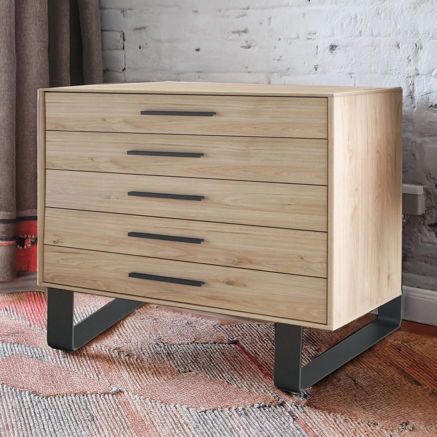 Johnson 5 Drawer Chest - W141CM With Angled Feet - Styled in Bedroom