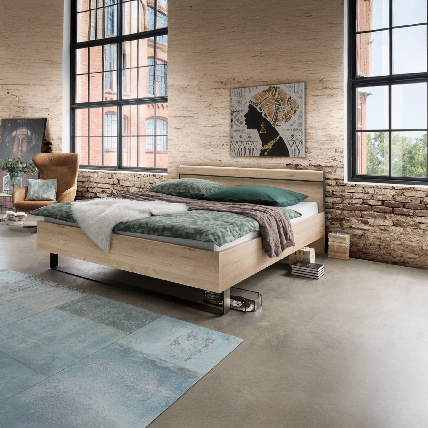 Johnson Futon Bed with Wooden Headboard and Slate Angled Feet - Styled in Bedroom