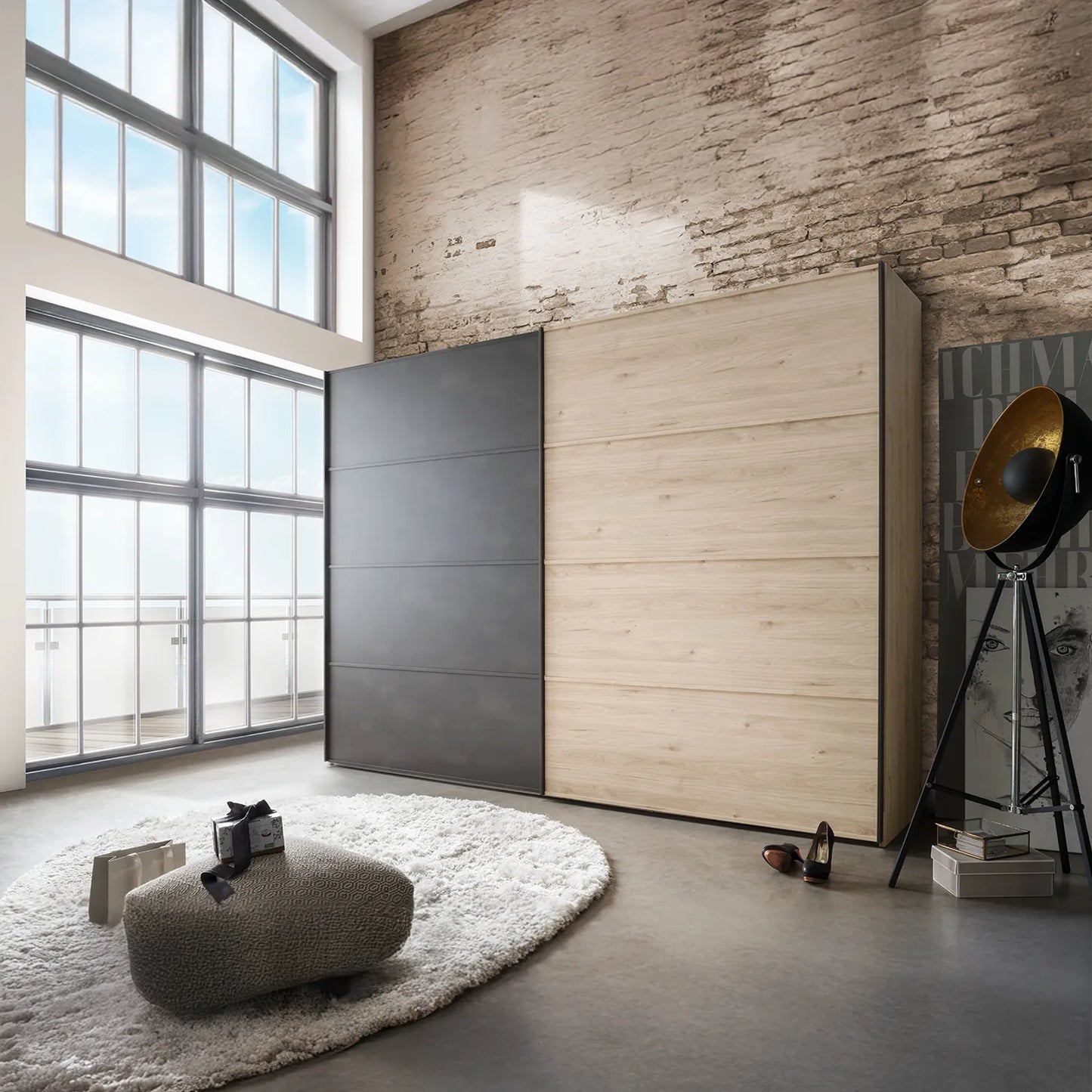 Johnson Holm Oak & Slate Finish Sliding Wardrobe - Styled in Bedroom