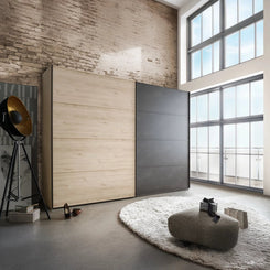 Johnson Holm Oak & Slate Finish Sliding Wardrobe - Styled in Bedroom