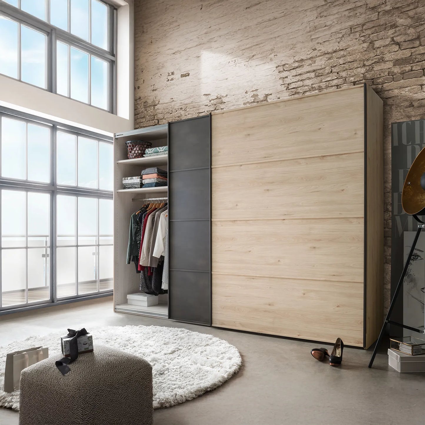 Johnson Holm Oak & Slate Finish Sliding Wardrobe - Styled in Bedroom  With View Of Hanging Rail