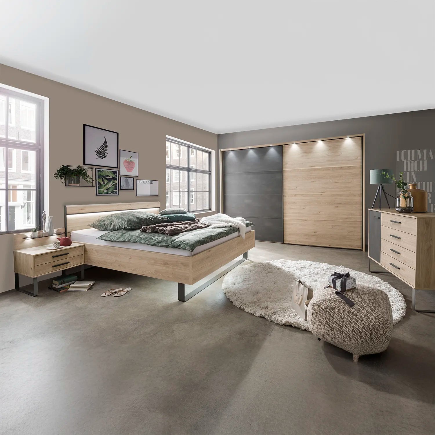 Johnson Holm Oak & Slate Finish Sliding Wardrobe - Styled in Bedroom With Lights