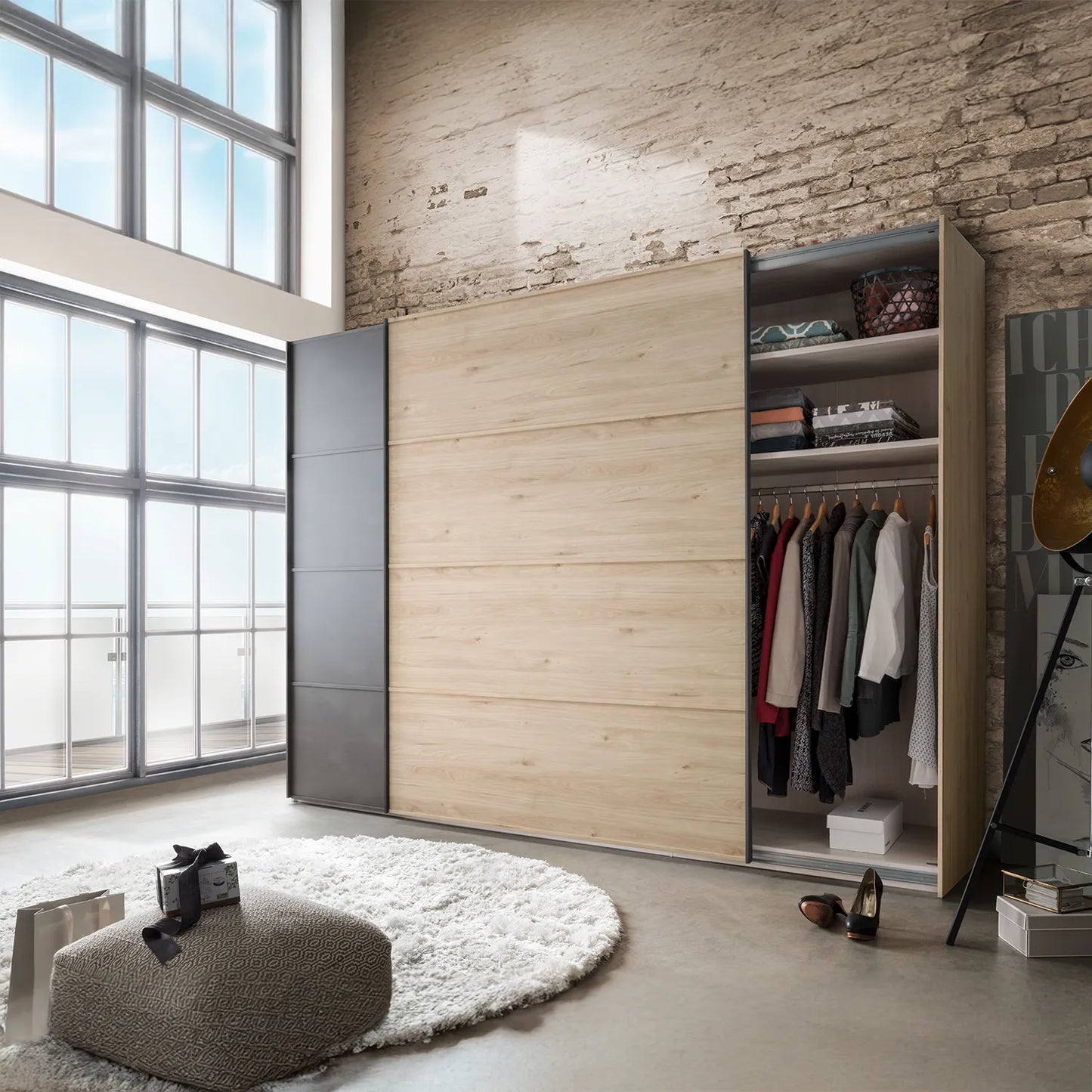 Johnson Holm Oak & Slate Finish Sliding Wardrobe - Styled in Bedroom With Closeup View