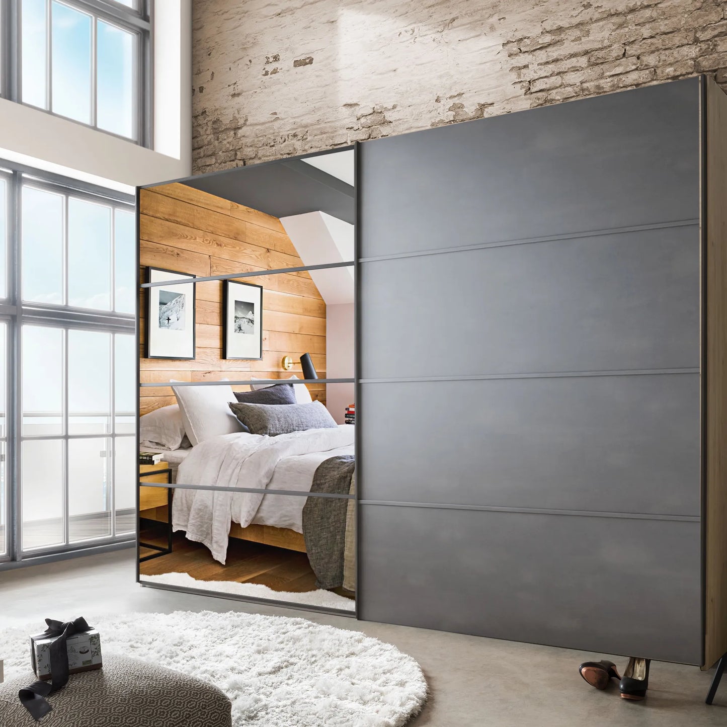 Johnson Holm Oak & Slate Finish Sliding Wardrobe  with Mirror - Styled in Bedroom