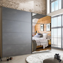 Johnson Holm Oak & Slate Finish Sliding Wardrobe  with Mirror - Styled in Bedroom