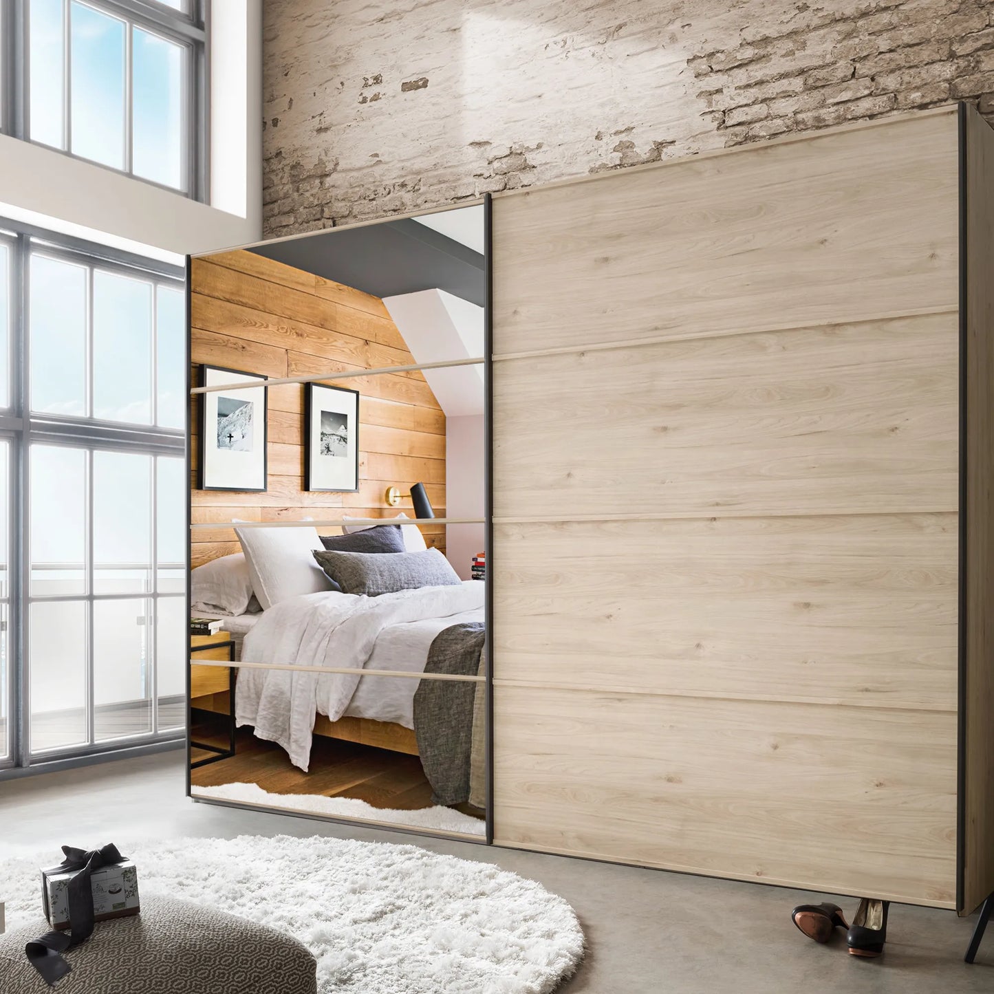 Johnson Holm Oak Sliding Wardrobe with Mirror - Styed in Bedroom