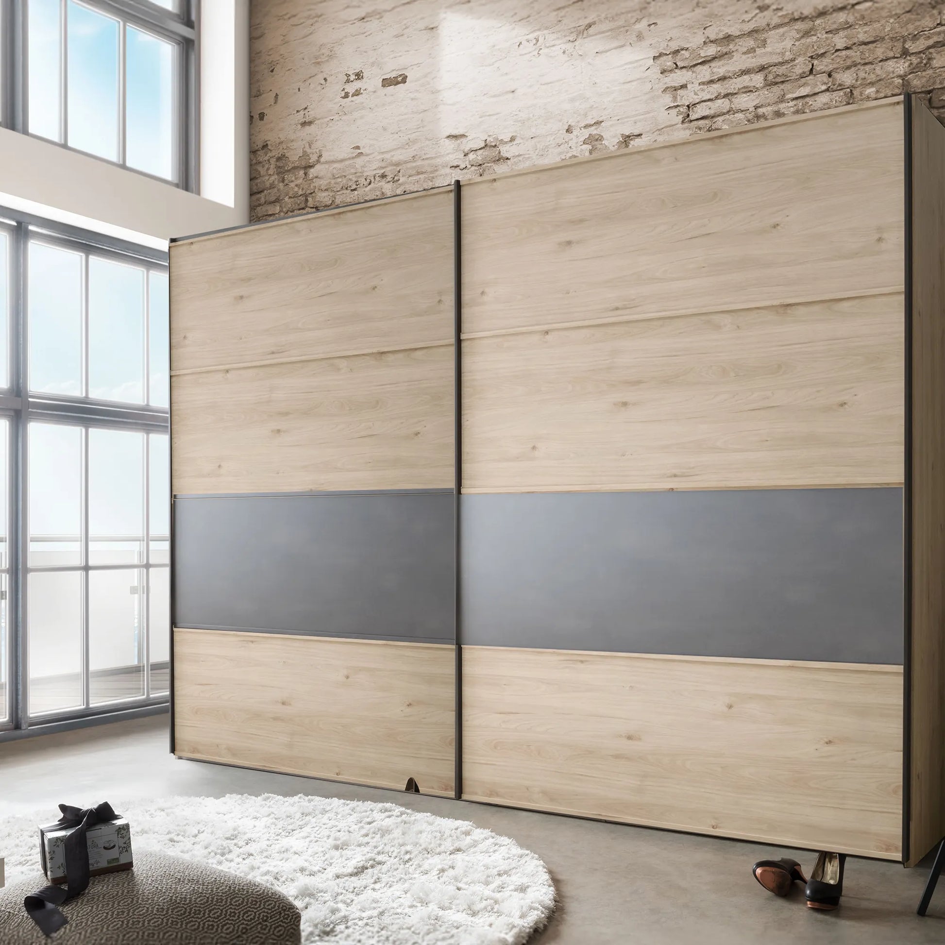 Johnson Holm Oak Sliding Wardrobe with One Slate Finish Panel - Closeup View