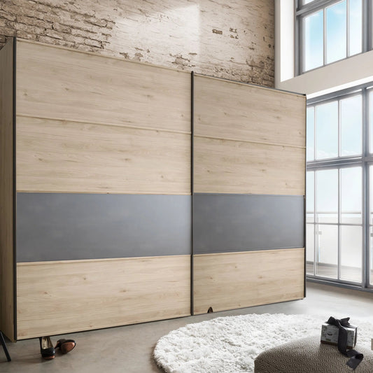 Johnson Holm Oak Sliding Wardrobe with One Slate Finish Panel - Closeup View