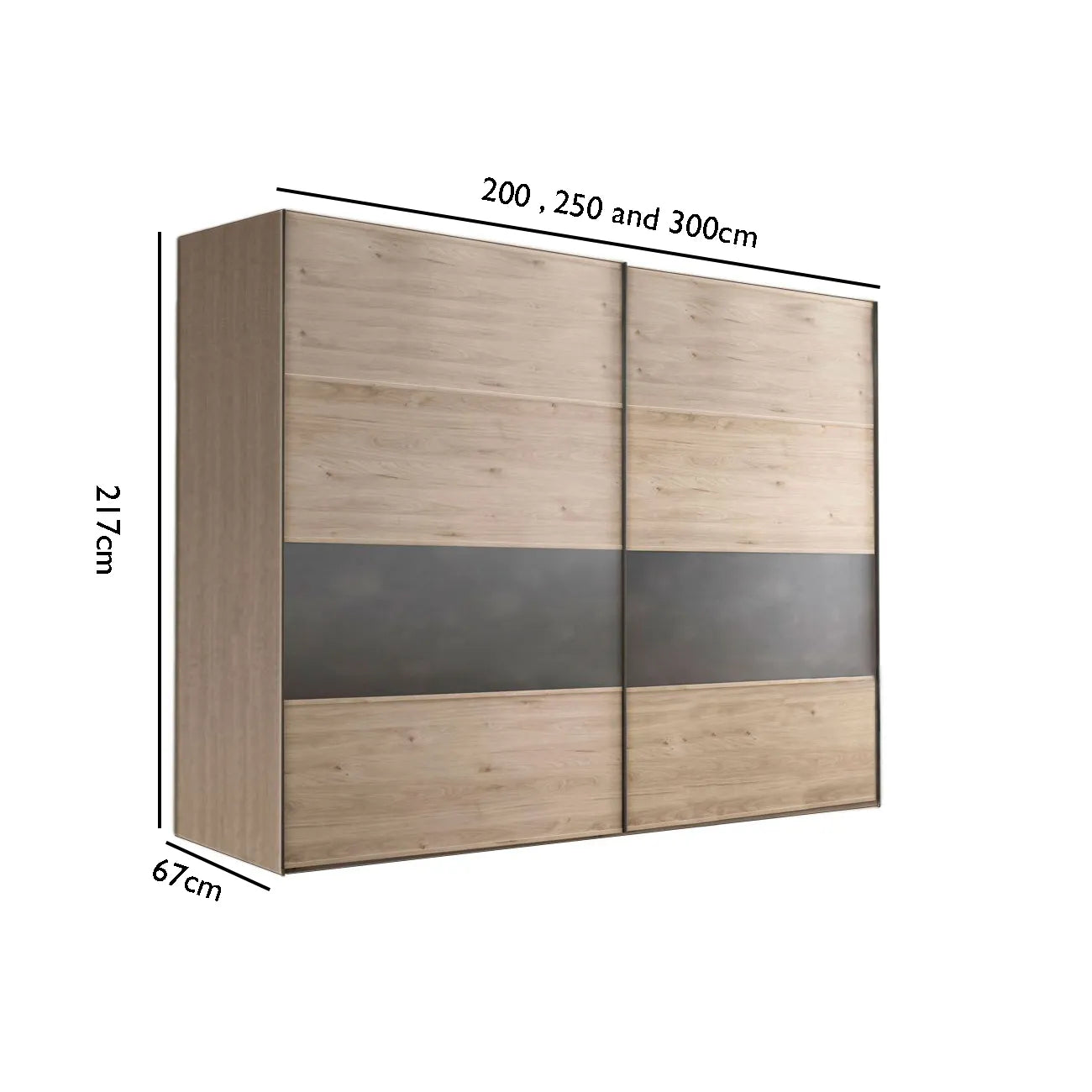 Johnson Holm Oak Sliding Wardrobe with One Slate Finish Panel  - Dimensions
