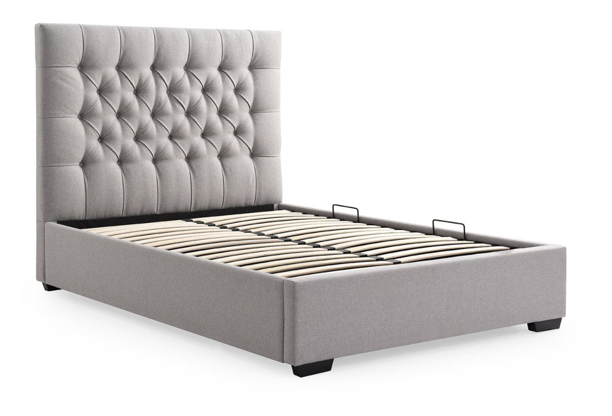Lisa King Size Ottoman Bed with faux wool, button-back headboard and end or side lift storage. Stylish, practical and perfect for modern bedrooms.