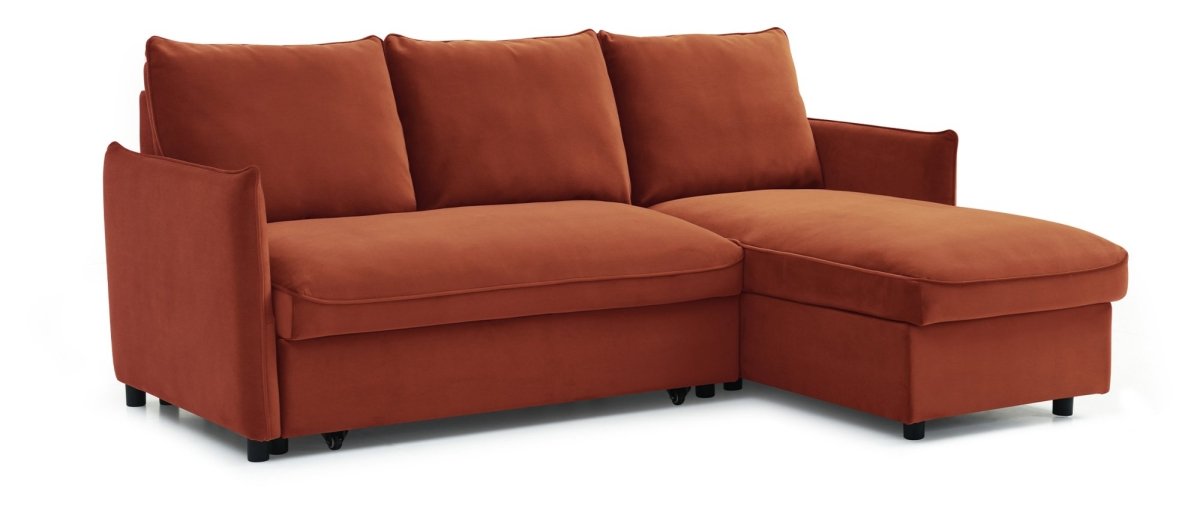 Claire Burnt Orange Velvet Fabric Corner Sofa Bed - Pendle Village Furniture