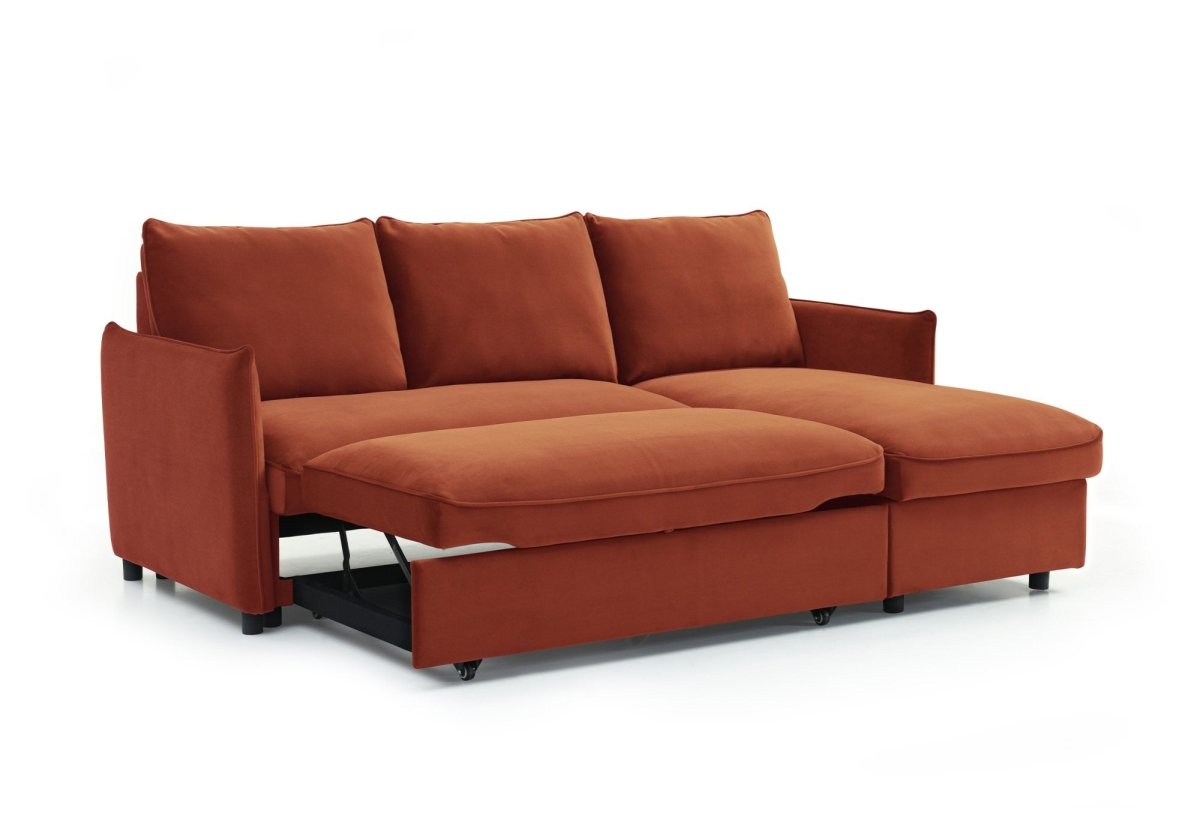Claire Burnt Orange Velvet Fabric Corner Sofa Bed - Pendle Village Furniture