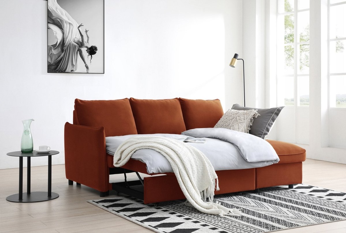 Claire Burnt Orange Velvet Fabric Corner Sofa Bed - Pendle Village Furniture