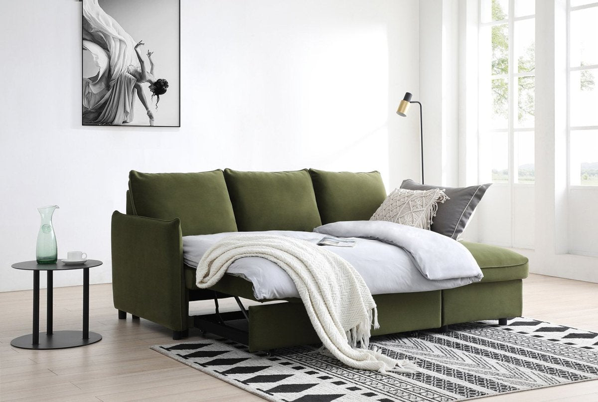 Claire Olive Velvet Fabric Corner Sofa Bed - Pendle Village Furniture