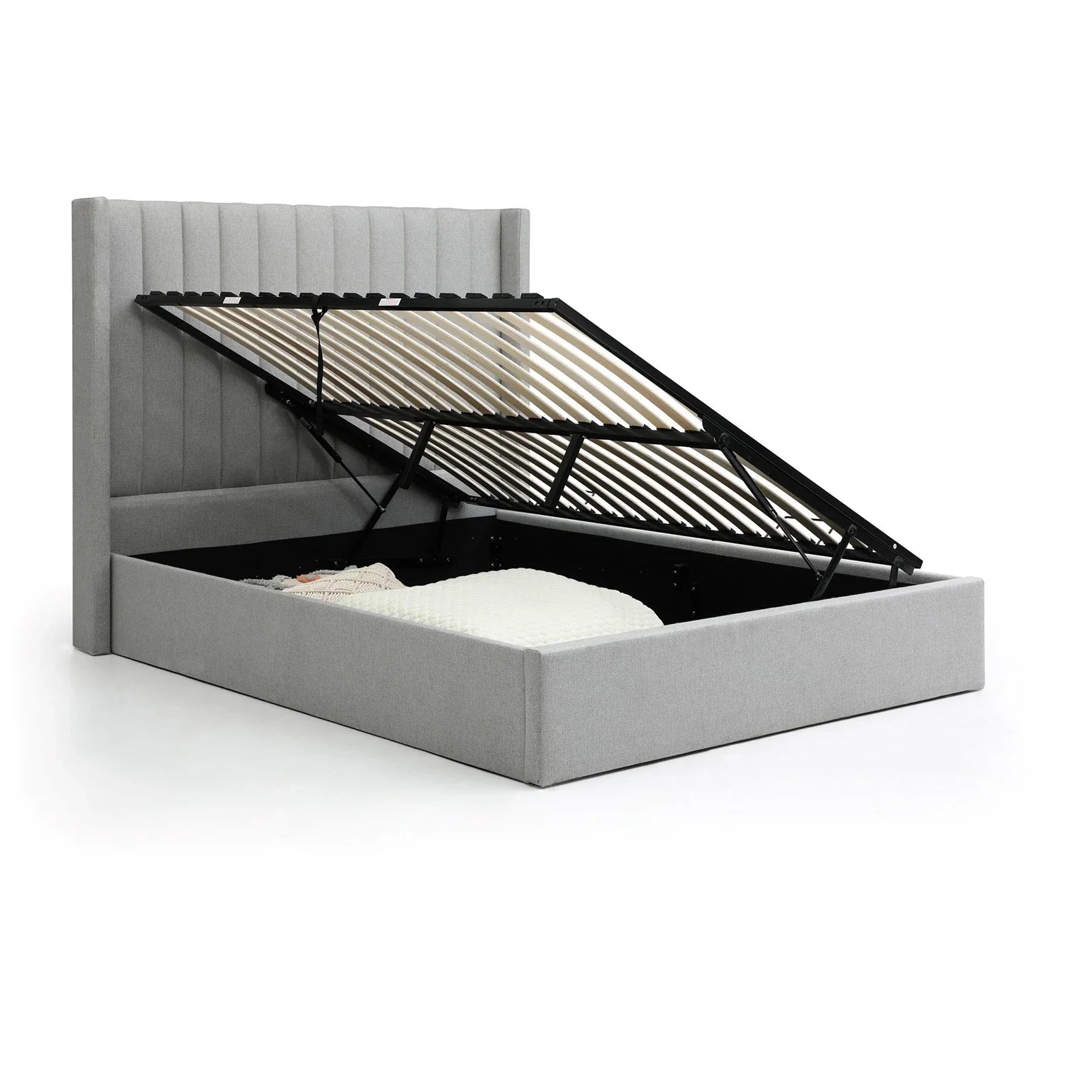 Linear Neptune Grey Faux Wool Super King Bed with wingback headboard and side lift ottoman storage. 