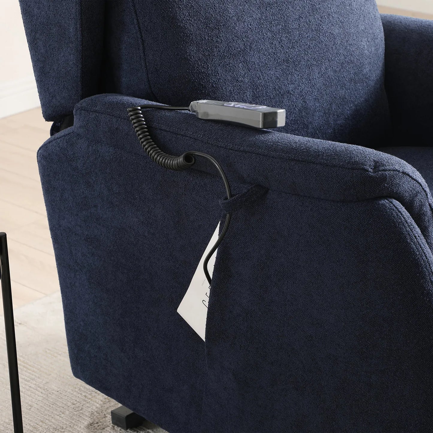 Finn Navy Fabric Dual Motor Rise Recline Chair - Pendle Village Furniture