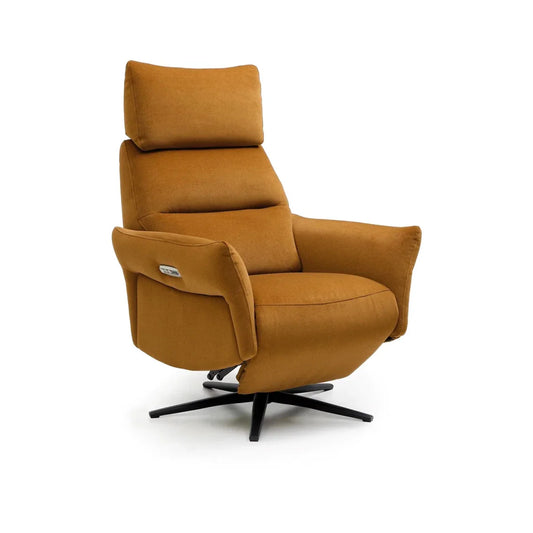 Ochre electric recliner chair with swivel base. Modern design with plush comfort and smooth reclining for stylish living spaces.