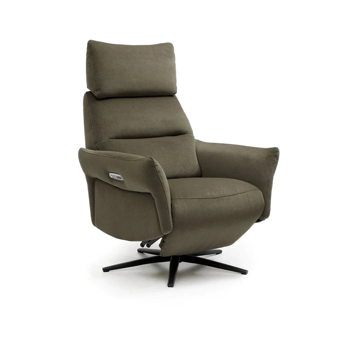 Washed olive electric recliner chair with swivel base. Modern comfort with smooth reclining and stylish contemporary design.