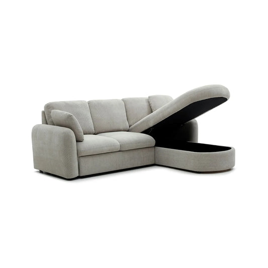 Shop the Mayfair Taupe Corner Sofa Bed with king-size sleep area, storage chaise, and plush chenille upholstery. Stylish, practical, and perfect for modern homes.