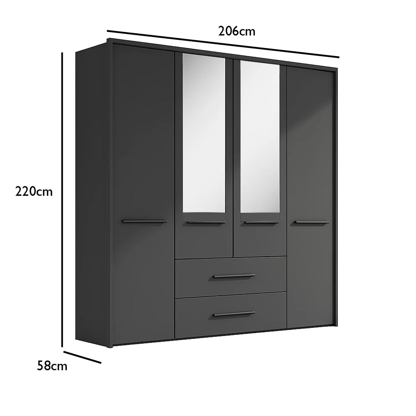 Kairns Graphite 4 Door Hinged Wardrobe (W200cm) With Mirror - Dimensions