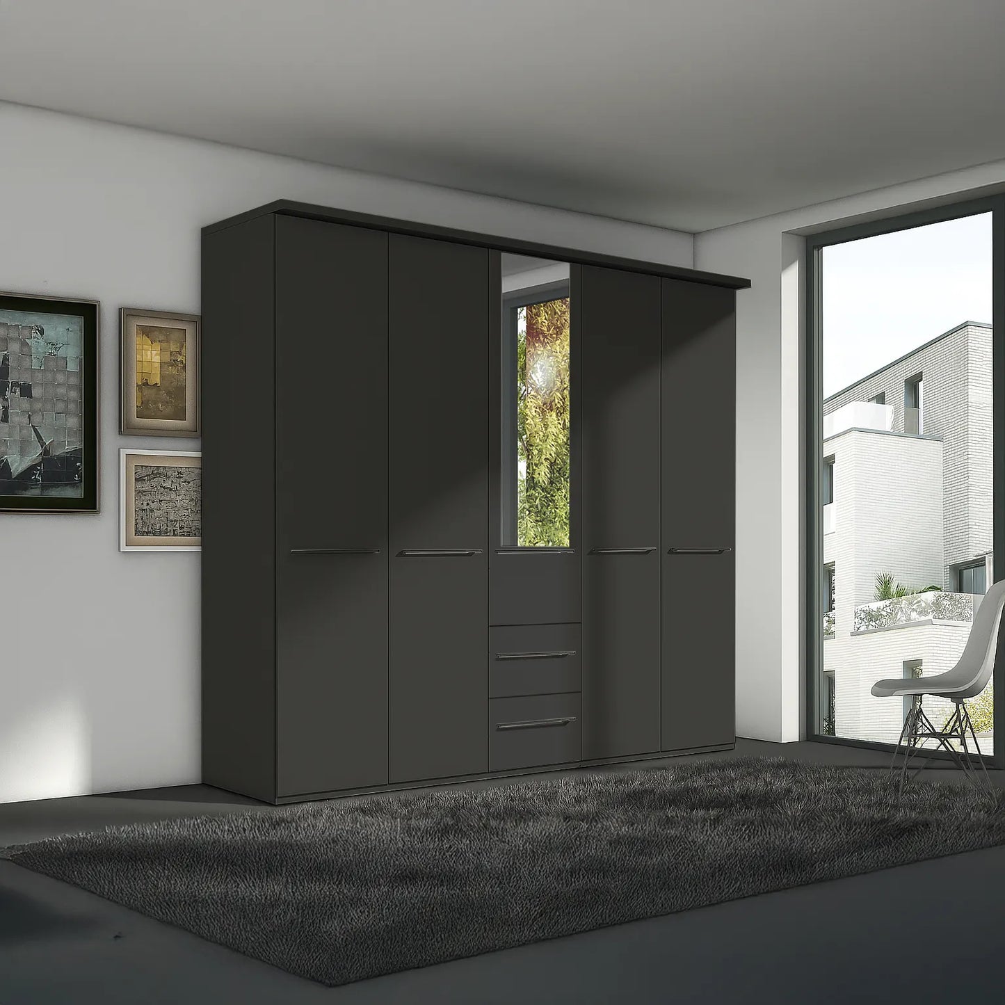 Kairns Graphite 5 Door Hinged Wardrobe (W250cm) With Mirror - Styled in Bedroom
