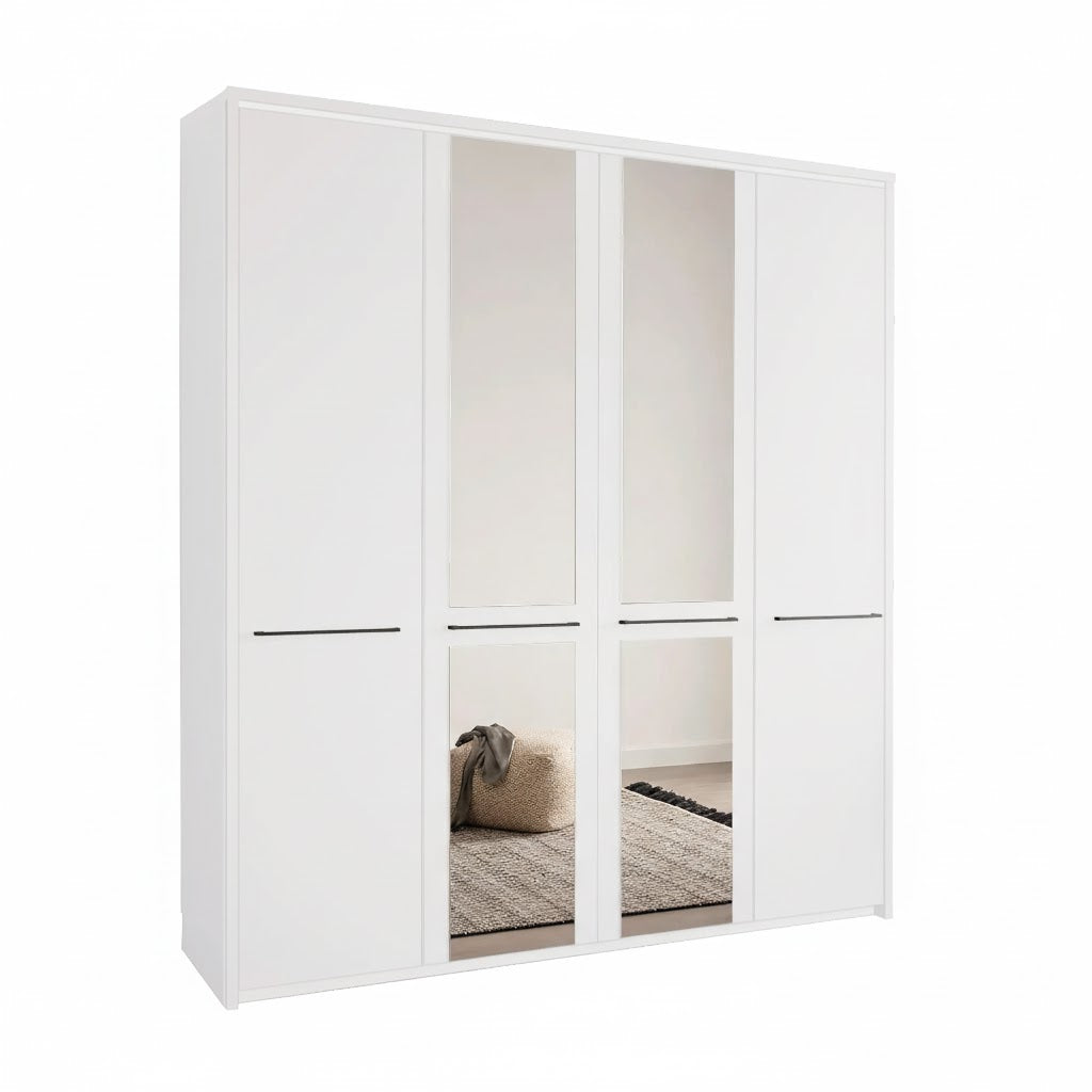 Cairns 200cm White 4 Door Hinged Wardrobe with 2 Center mirror doors with Cornice
