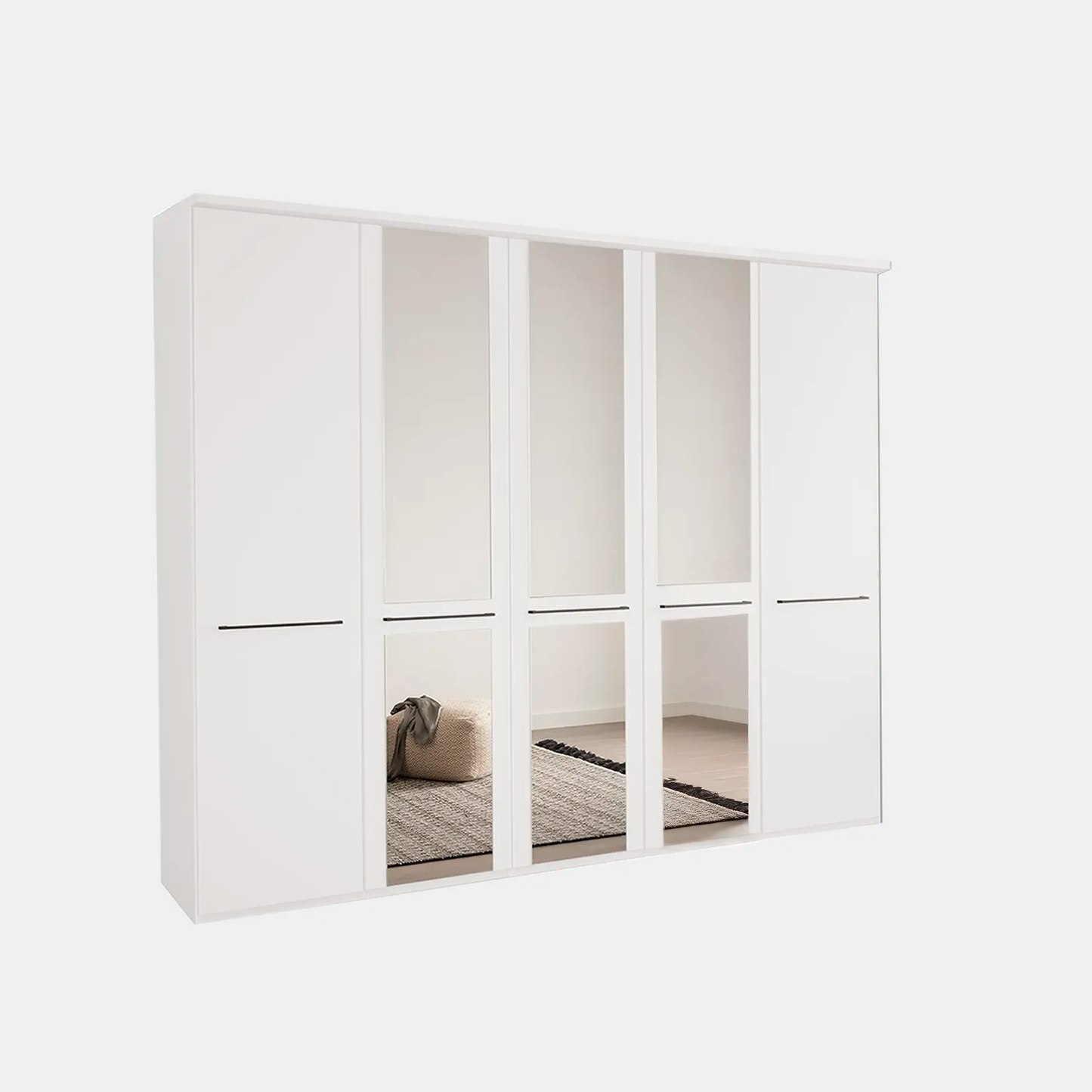 Cairns 250cm White 5 Door Hinged Wardrobe with 3 mirror doors with Cornice