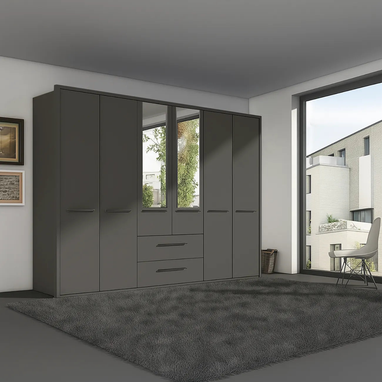 Kairns 300cm Graphite 6 Door Hinged Wardrobe with Central Drawers