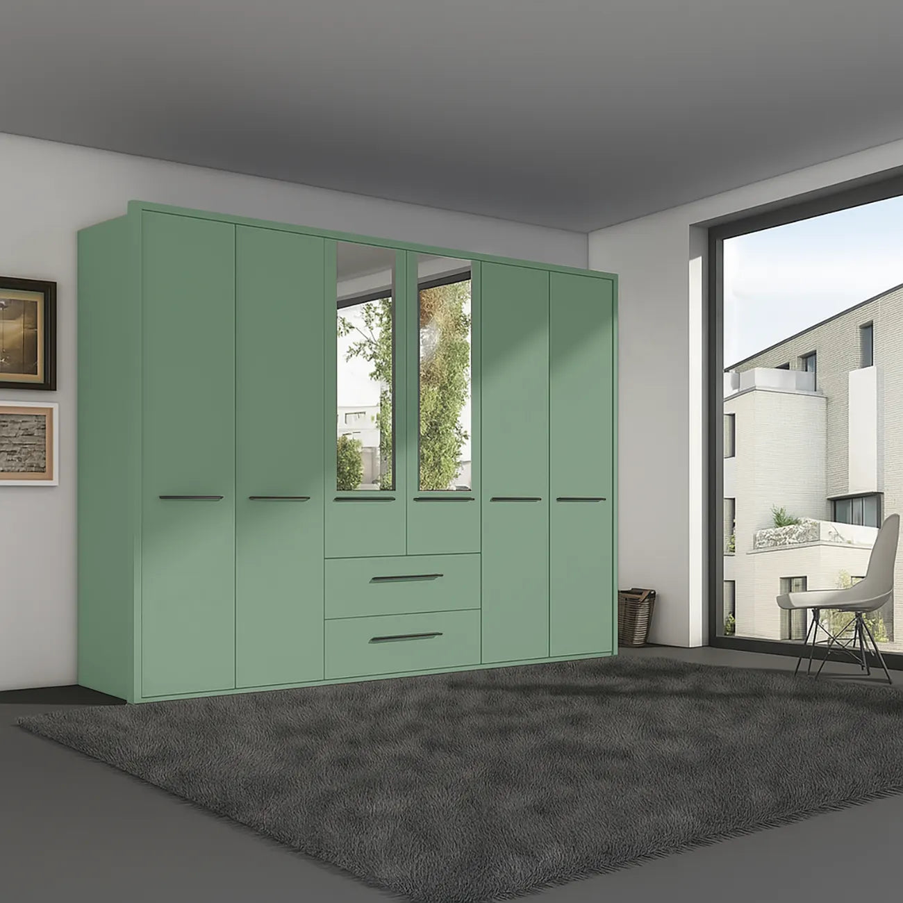 Kairns 300cm Graphite 6 Door Hinged Wardrobe with Central Drawers