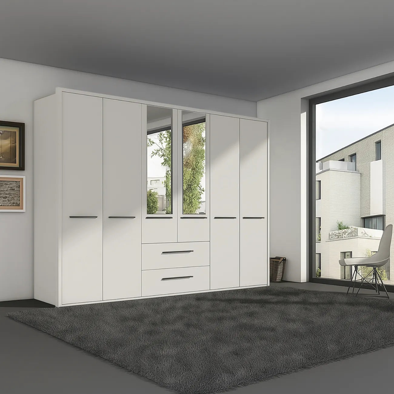 Kairns 300cm Graphite 6 Door Hinged Wardrobe with Central Drawers