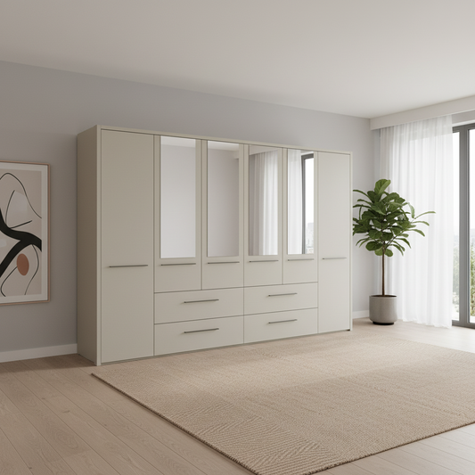 Large 300cm Wardrobe with Drawer and Mirror in Pebble Grey colour