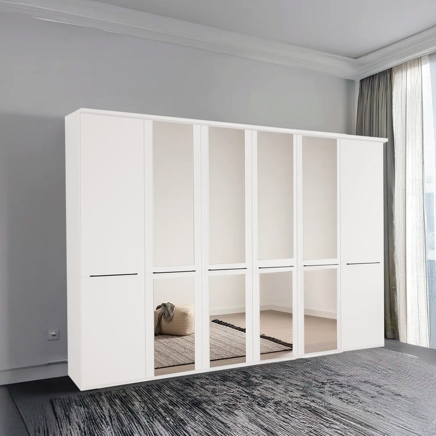 Cairns White 6 Door Hinged Wardrobe (W300cm) With Mirror - Styled in Bedroom