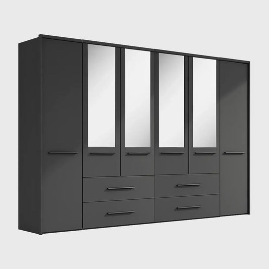 Kairns Graphite 6 Door Hinged Wardrobe (W300cm) With Mirror & Drawers