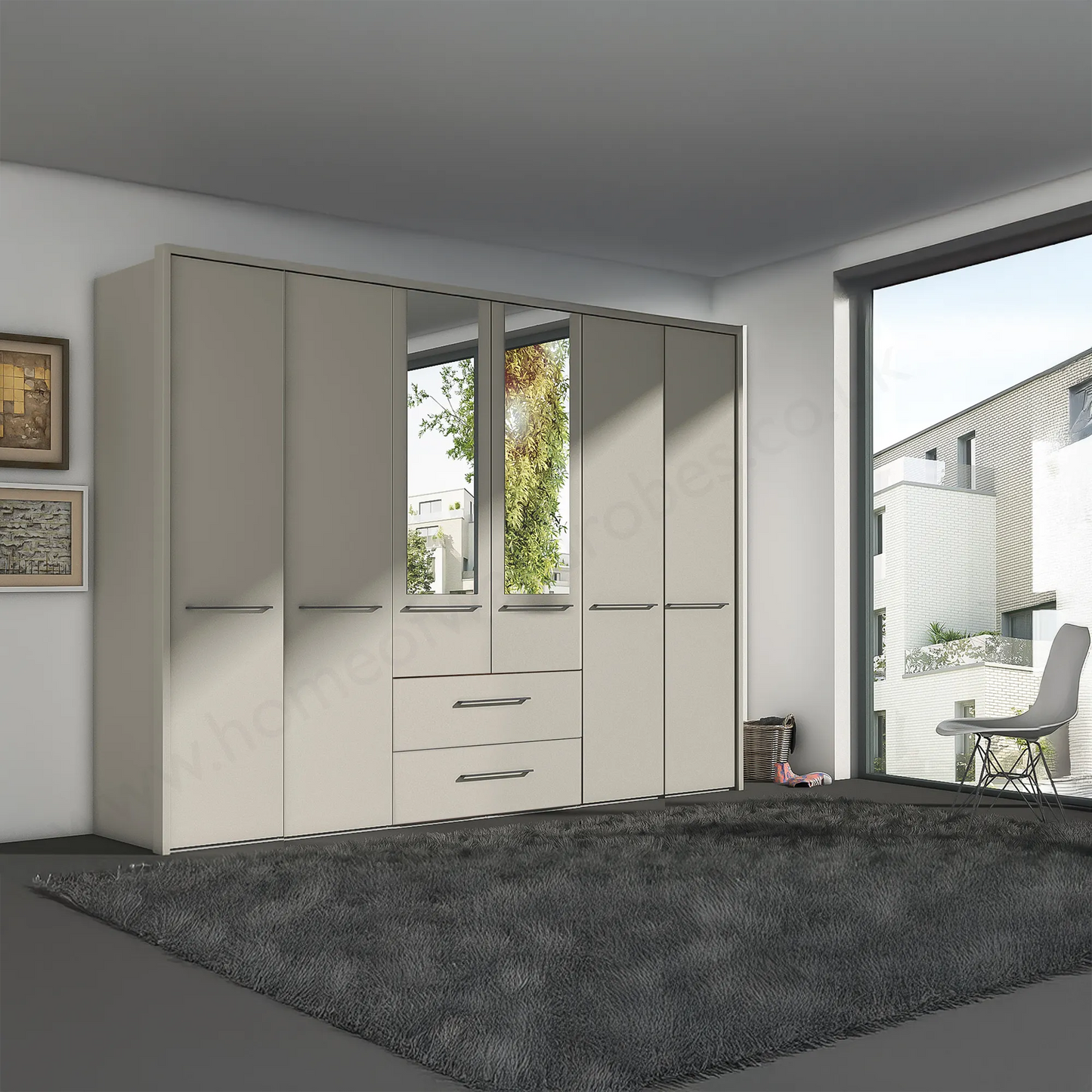 Kairns 300cm Graphite 6 Door Hinged Wardrobe with Central Drawers