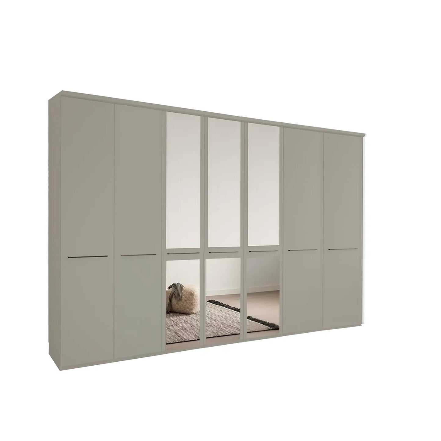 Kairns 350cm Pebble Grey 7 Door Hinged Wardrobe with Cornice - With Mirror