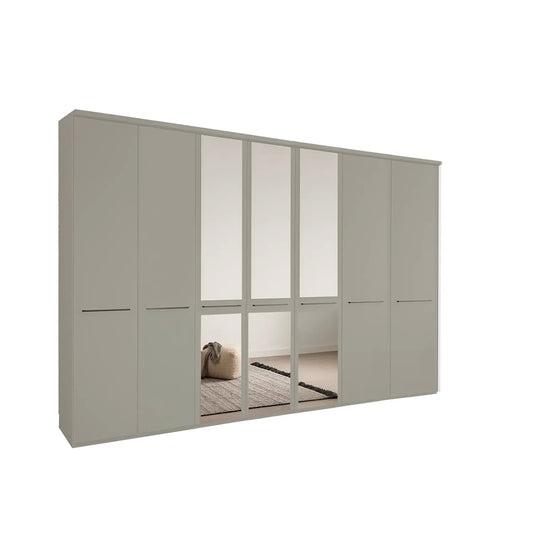 Kairns 350cm Pebble Grey 7 Door Hinged Wardrobe with Cornice - With Mirror