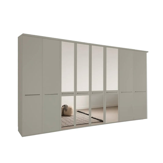 Kairns 400cm Pebble Grey 8 Door Hinged Wardrobe with Cornice - With Mirror