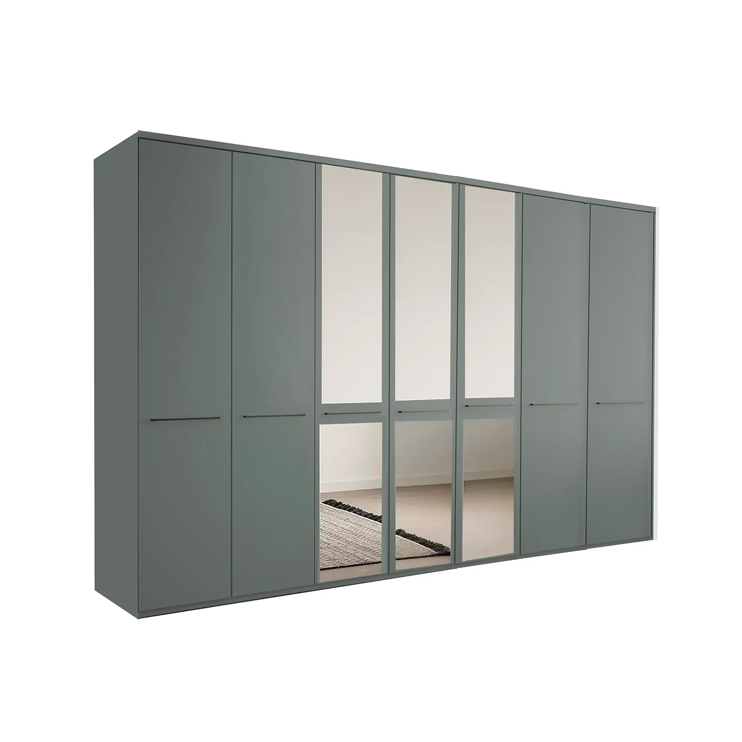 Kairns 350cm Sage Green 7 Door Hinged Wardrobe with Cornice - With Mirror