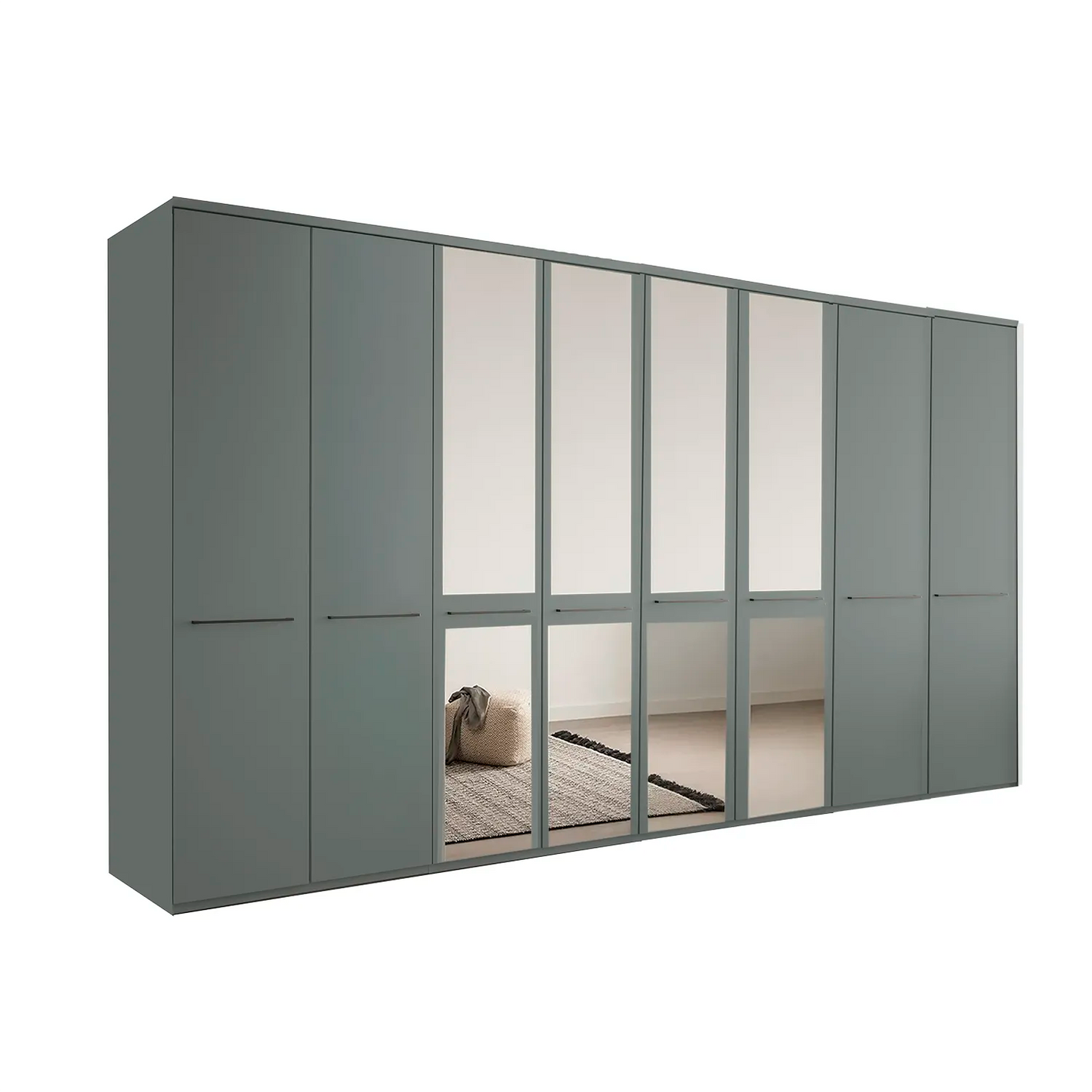 Kairns 400cm Sage Green 8 Door Hinged Wardrobe with Cornice - With Mirror