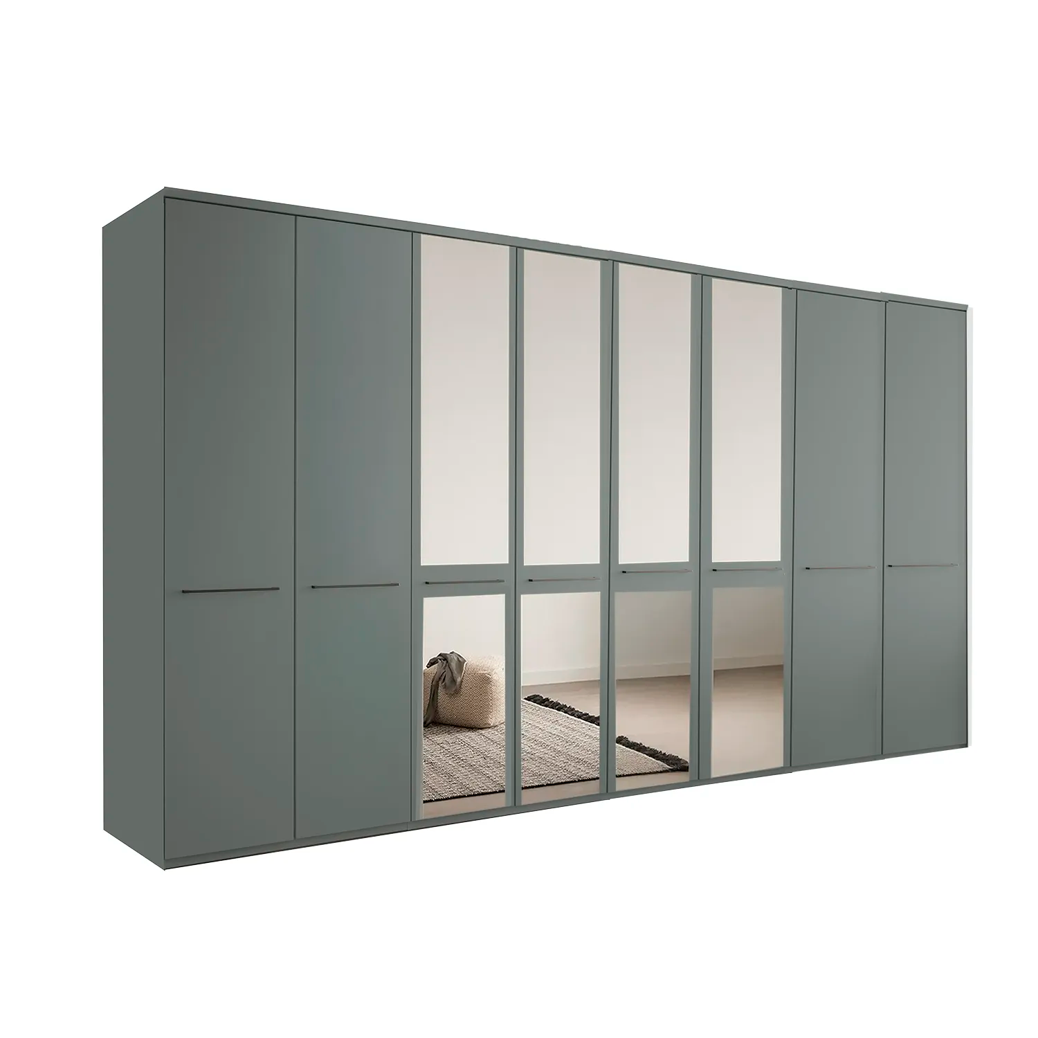 Kairns 400cm Sage Green 8 Door Hinged Wardrobe with Cornice - With Mirror