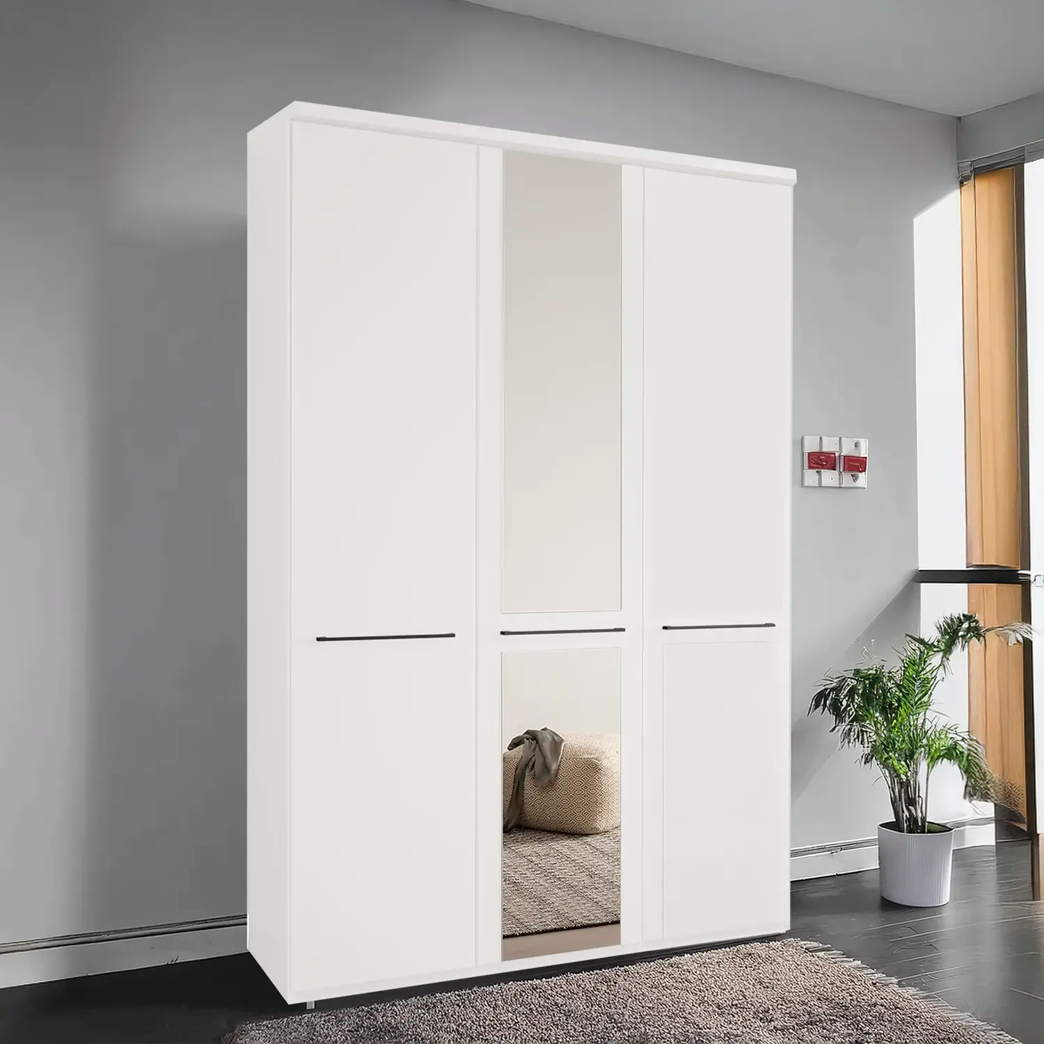 Kairns White 3 Door Hinged Wardrobe (W150cm) With Mirror in Centre - Styled in Bedroom