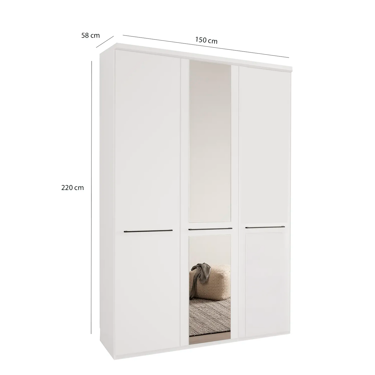 Kairns White 3 Door Hinged Wardrobe (W150cm) With Mirror in Centre - Dimensions