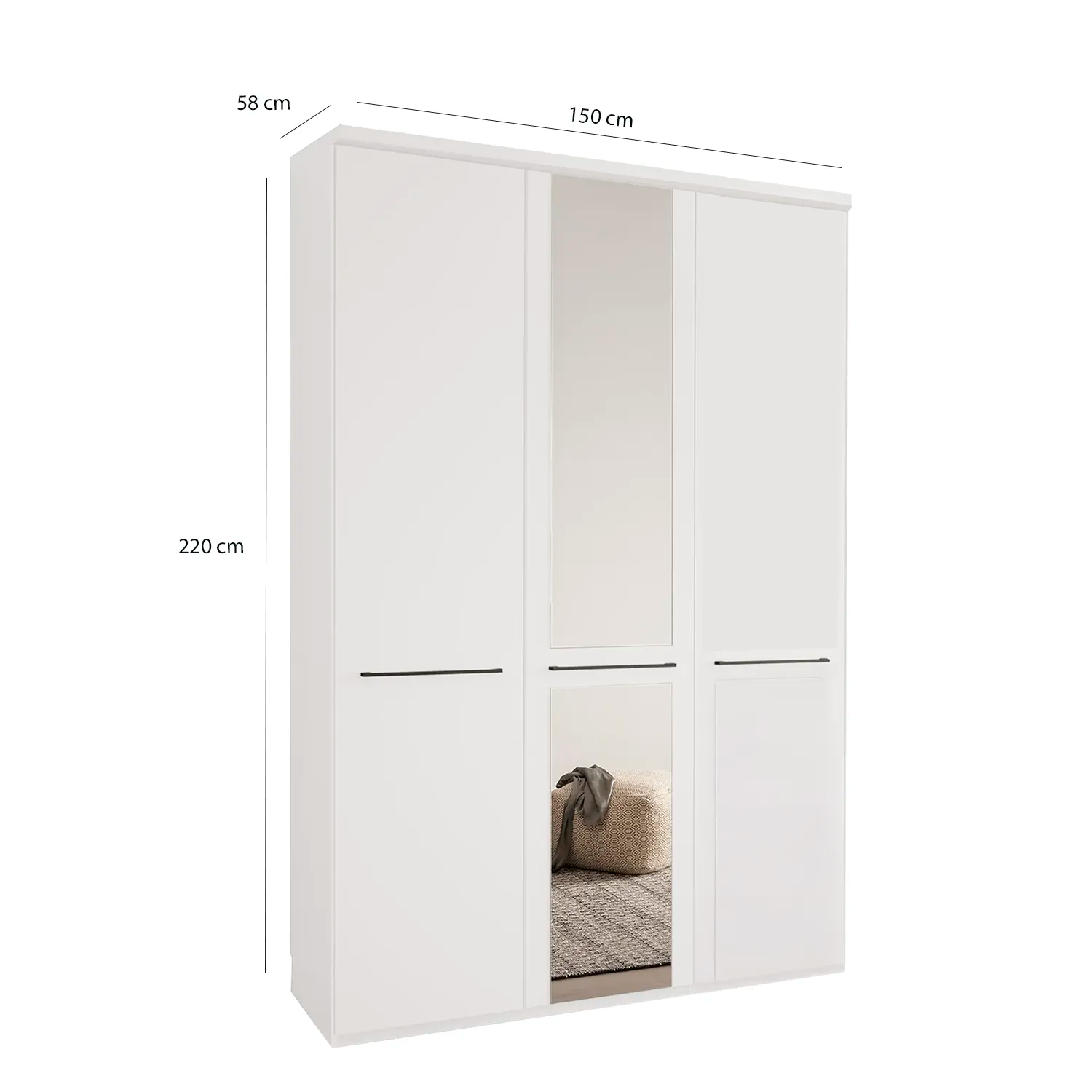 Kairns White 3 Door Hinged Wardrobe (W150cm) With Mirror in Centre - Dimensions