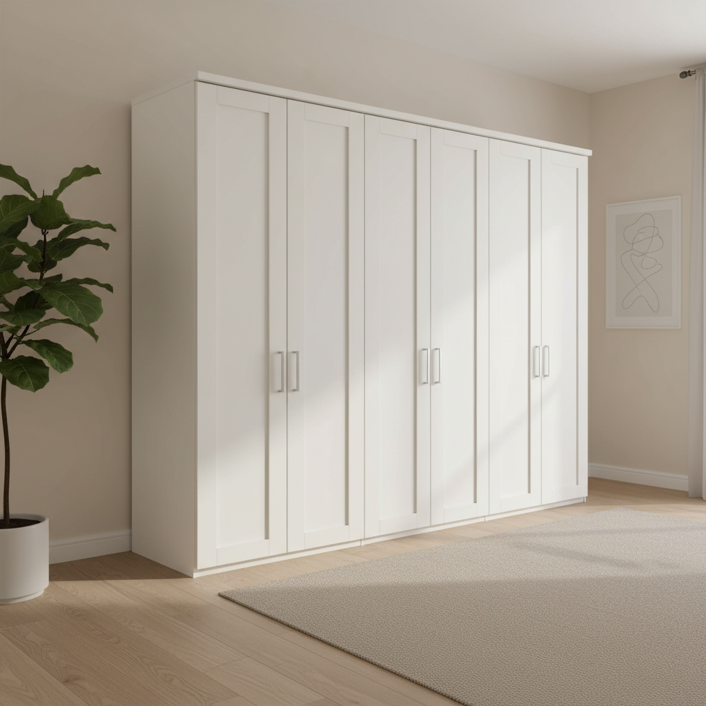 White wardrobe with sliding doors in a room with a plant and abstract art on the wall.