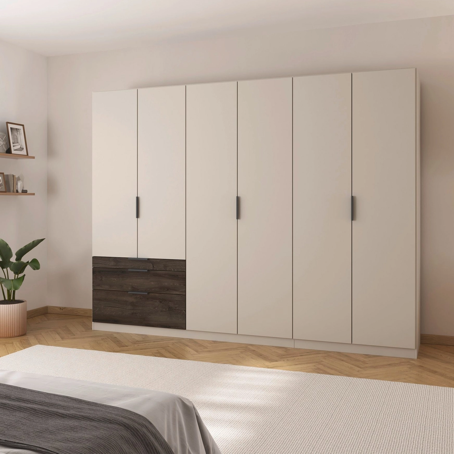 Kodi Champagne 6 Door Wardrobe with 3 Drawers – W271cm - Styled in a Bedroom